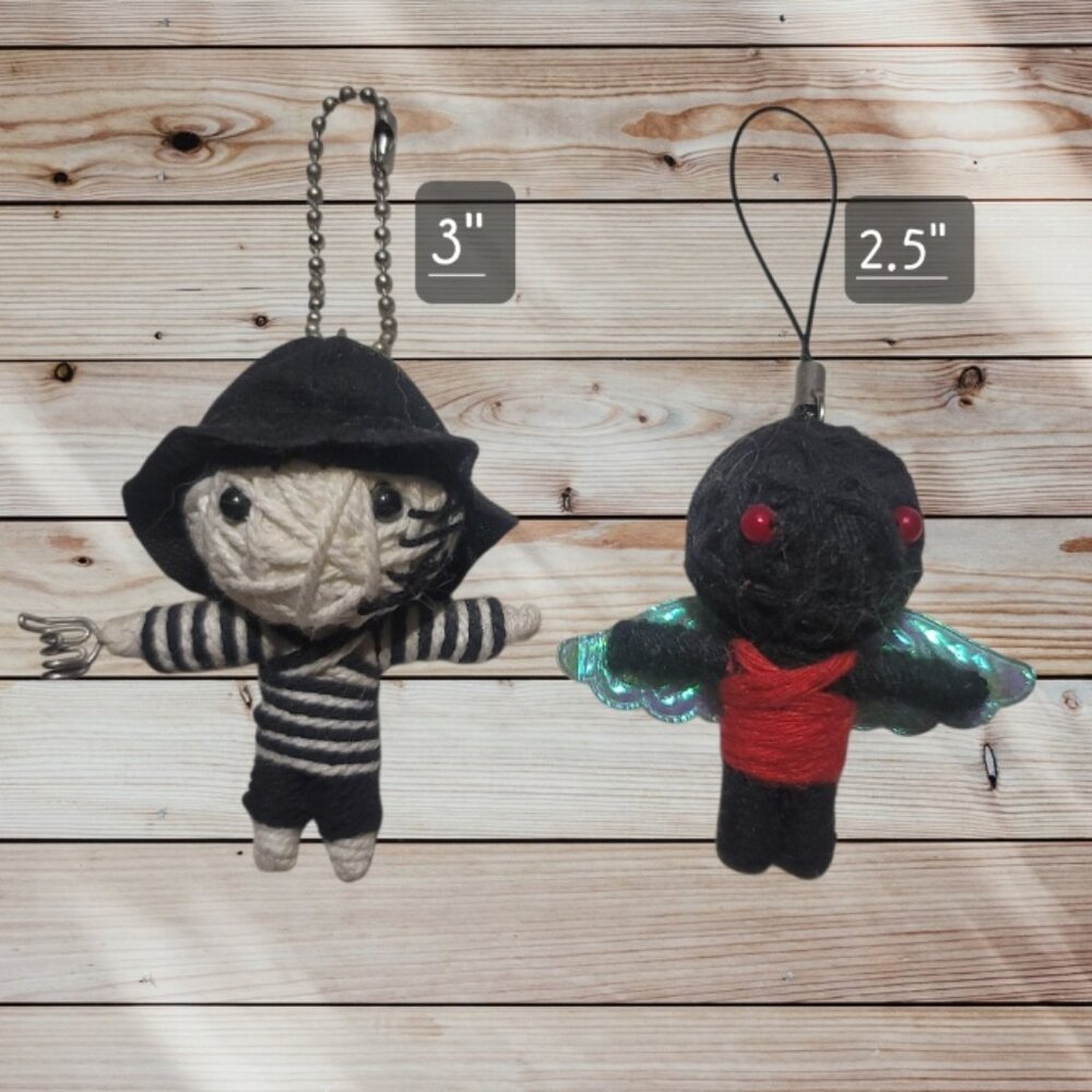 Set of 2 - Mini Voodoo Doll -Yarn String- Freddy Krueger- Angel - Keychain Charm